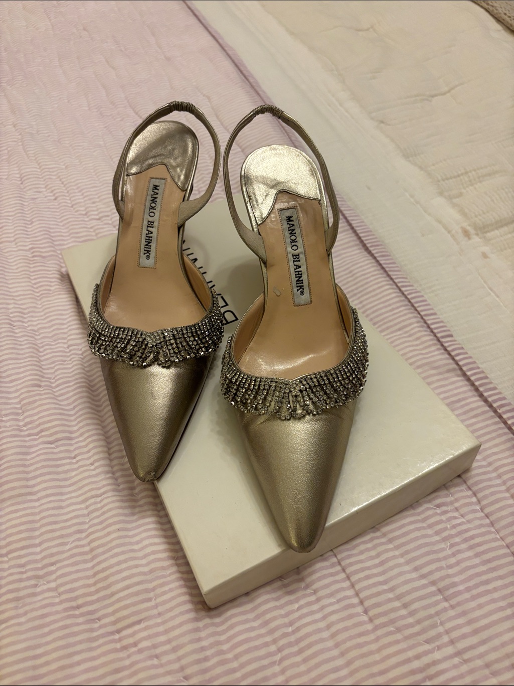 Manolo Blahnik Metallic Gold Pointed Slingback Heels With Crystal Fringe